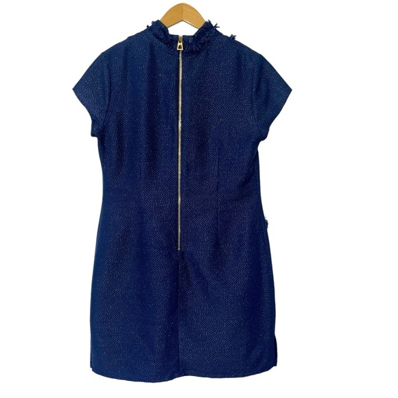 Sail to Sable Navy Blue Gold Metallic Tweed Fringe Tunic Shift Dress Size 10 - Picture 3 of 14